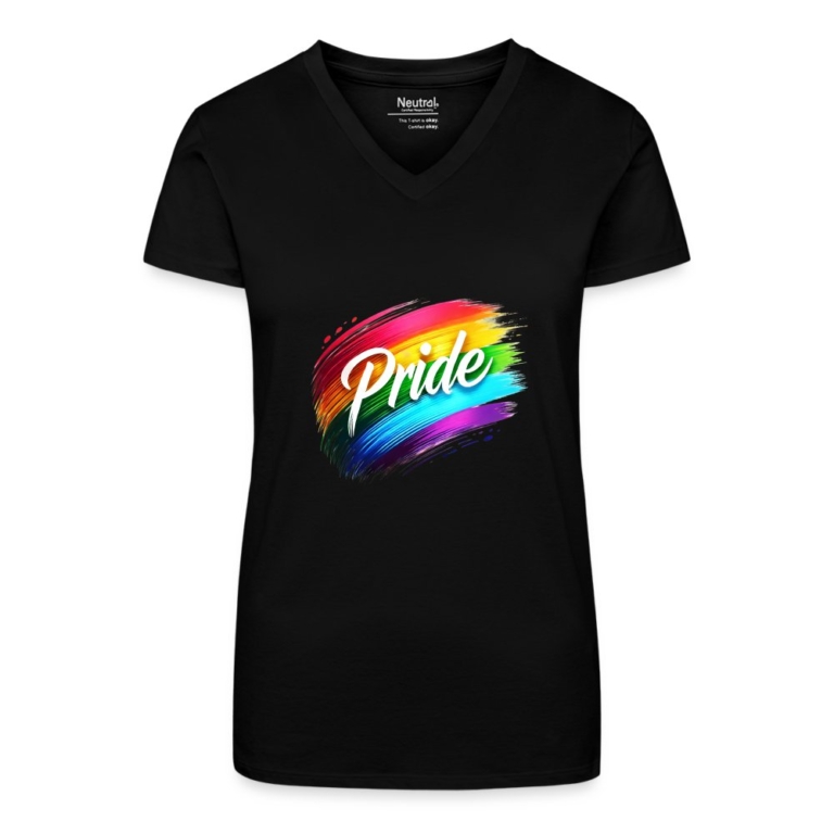 regenbogen-pinselstrich-bio-frauen-t-shirt-mit-v-ausschnitt-schwarz
