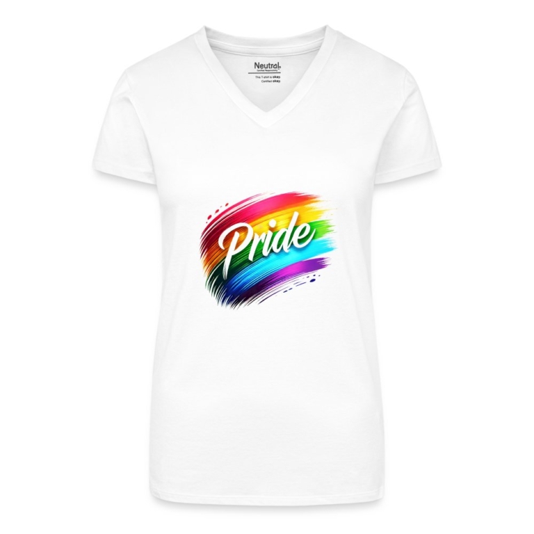 regenbogen-pinselstrich-bio-frauen-t-shirt-mit-v-ausschnitt-weiss