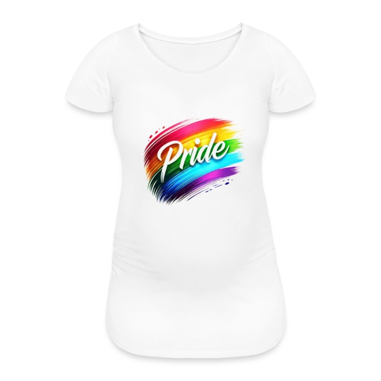 regenbogen-pinselstrich-frauen-schwangerschafts-t-shirt-weiss
