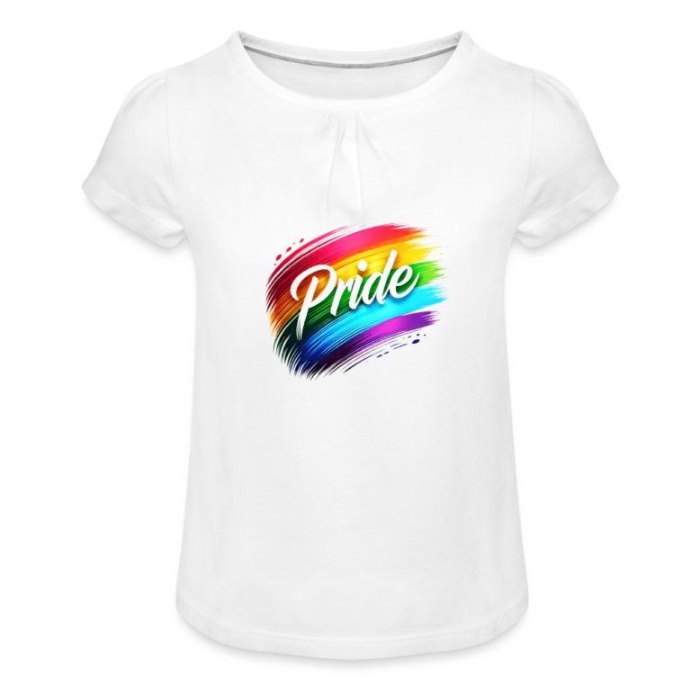 regenbogen-pinselstrich-maedchen-t-shirt-mit-raffungen-weiss