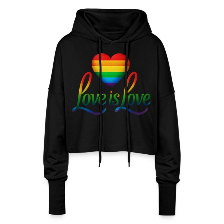 regenbogenherz-mit-spruch-cropped-frauen-hoodie-schwarz