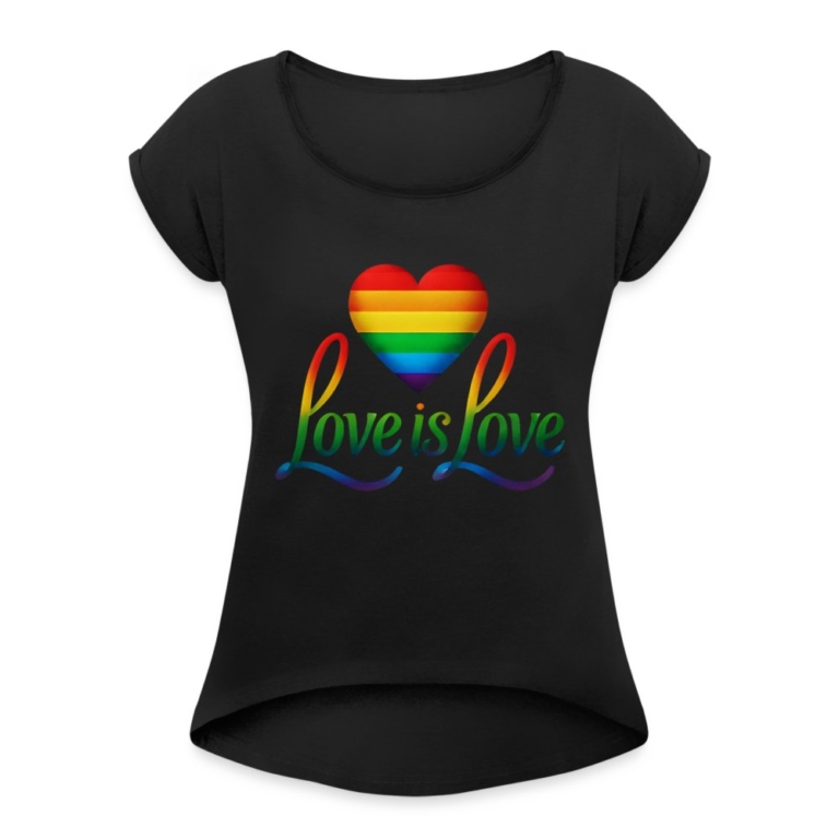 regenbogenherz-mit-spruch-frauen-t-shirt-mit-gerollten-aermeln-schwarz