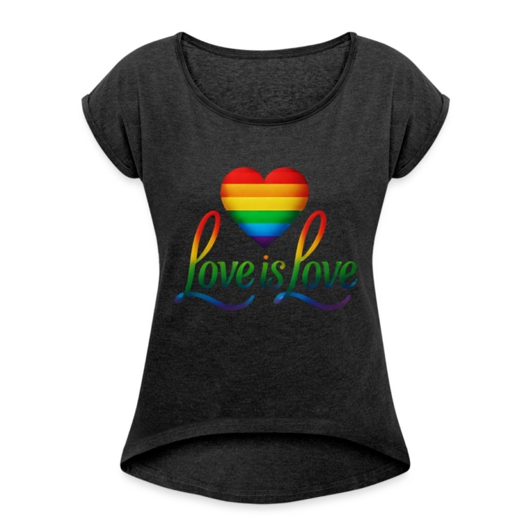 regenbogenherz-mit-spruch-frauen-t-shirt-mit-gerollten-aermeln-schwarz-meliert