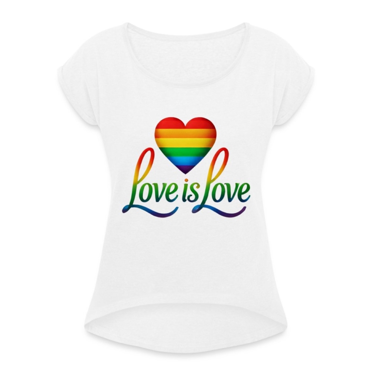 regenbogenherz-mit-spruch-frauen-t-shirt-mit-gerollten-aermeln-weiss
