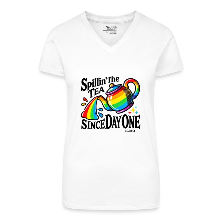 spillin-the-tea-since-day-one-bio-frauen-t-shirt-mit-v-ausschnitt-weiss