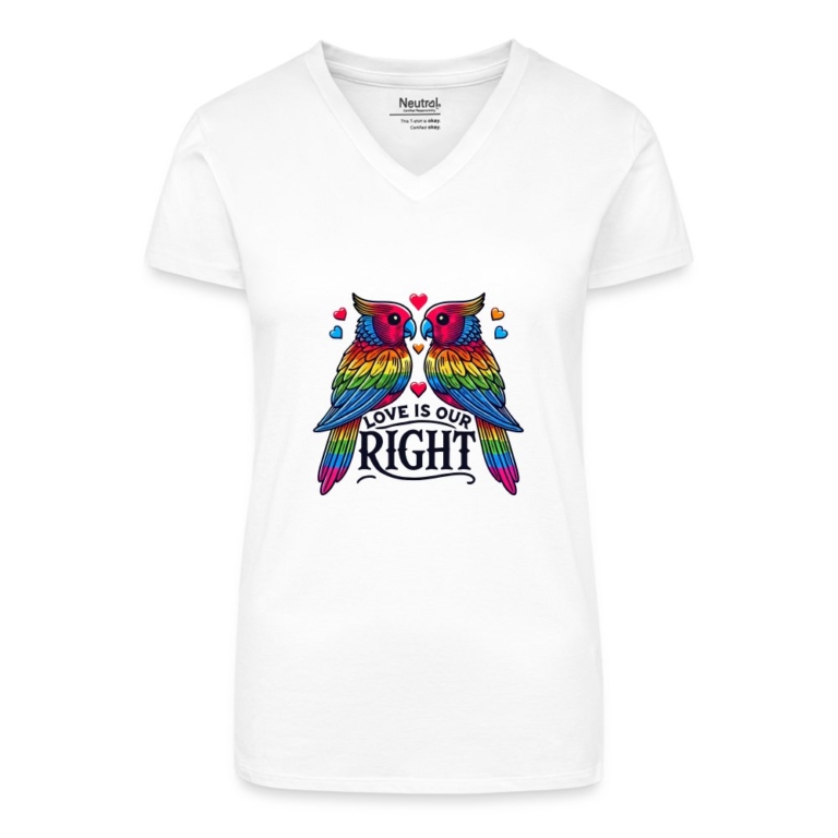 turteltauben-love-is-our-right-bio-frauen-t-shirt-mit-v-ausschnitt-weiss
