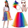 LXWINNER Regenbogen Kostüm Damen, Regenbogen Tüllrock, Bunt Feder Stirnband, Regenbogen Rock Damen Tüll, Tütü Damen, Mottoparty 80er Jahre Outfit, Regenbogen Kostüme Fasching für Karneval Party