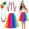 Regenbogen Kostüm Damen, 4er Regenbogen Tüllrock, Regenbogen Rock mit Riemen, 80er Jahre Outfit Damen, Karneval Kostüm Bunt Feder Stirnband Regenbogen-Halskette für Karneval