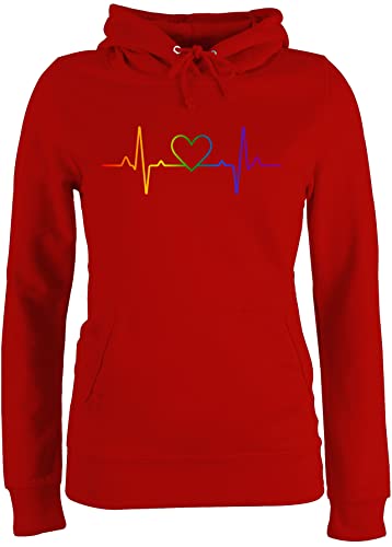 Pullover Damen Hoodie Frauen - LGBTQ Kleidung Flag - Herzschlag Regenbogen Pride - S - Rot - CSD Herz Kapuzenpullover LGBT LGBTQ+Regenbogen Hoodies Lesbian Hoody lgbtqia Pulli Gay lqbtq Queer