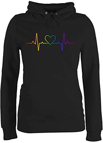 Pullover Damen Hoodie Frauen - LGBTQ Kleidung Flag - Herzschlag Regenbogen Pride - S - Schwarz - Queer Herz Pulli LGBT LGBTQ+Regenbogen Kapuzenpullover lgbtqia Hoody lqbtq Hoodies CSD Gay Lesbian