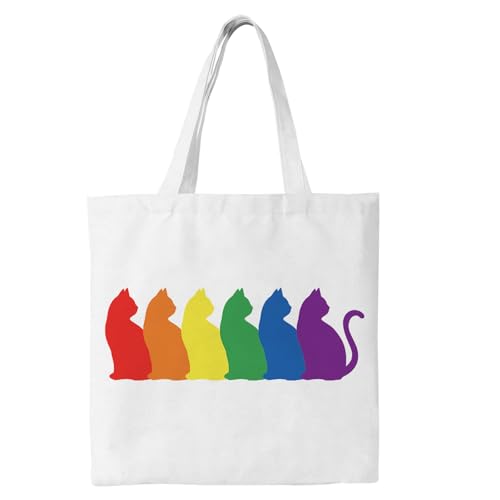 Stoffbeutel Regenbogen Einkaufsbeutel Baumwollbeutel, Frauen Tragetasche 35 x 42 x 8 cm Regenbogen Flagge Tote Bag, Rainbow Katze Handtasche Geschenke für Frauen Freund zum Geburtstag, Weihnachten