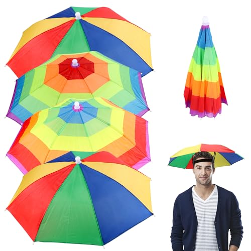 JSMTKJ 4 Stück Regenbogen Regenschirm Hüte, Faltbarer Regenschirmhut Sonnenschutz für Dekoration Kostüm Golf Radfahren Angeln Strand Gartenarbeit