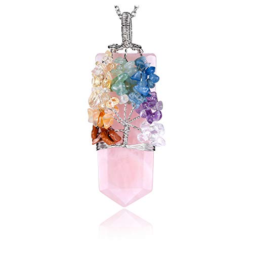 Jovivi 7 Chakra Heilstein Kette Baum des Lebens Wire Wrap Edelstein Anhänger Kristall Halskette Glückskette Schmuck Damen