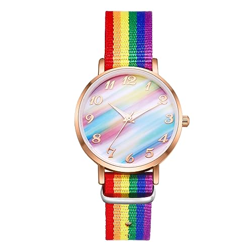 Silverora Kinderuhr Nylon Regenbogen Uhr Damen- LGBT Gay & Lesbian Pride Analoge Quarz Uhren Mehrfarbige Nylonarmband Studentenuhr mit Arabische Zahlenskala Geschenke für Mädchen Junge