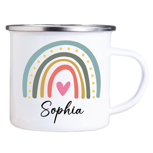 4you Design Emaille Tasse Kinder personalisiert – Regenbogen Punktherz – Rainbow Namenstasse – Geschenk für Jungen & Mädchen – Bruchsicher & Leicht – Geschenkidee zur Einschulung & Geburtstag - 300ml