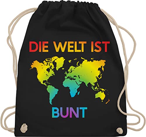 Turnbeutel Rucksack - LGBTQ Kleidung Pride Flag - Die Welt ist bunt – Regenbogen Farben - Unisize - Schwarz - lgbt bunte baumwolle csd stoffrucksack lesbian stoffbeutel lqbtq beutel gay stoff