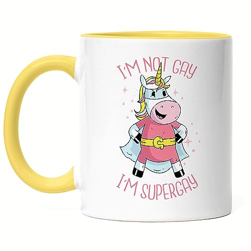 Hey!Print Super Gay Tasse Einhorn LGBT Lustig Gay Rainbow LGBTQ Pride Queer Homosexuell CSD Pride Week Tasse Gelb