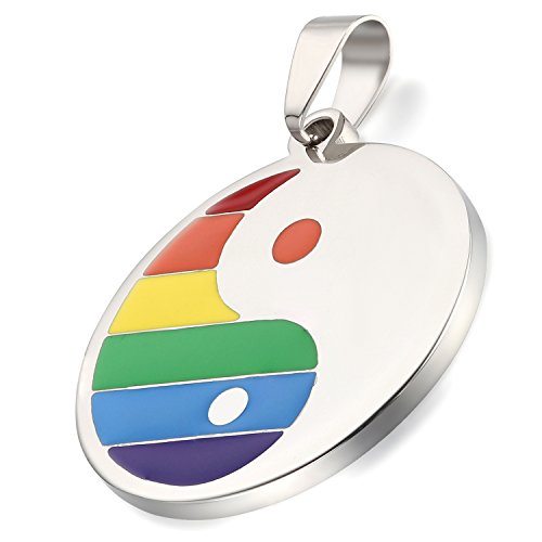 Flongo Gay Schwul LGBT Anhänger Halskette, Edelstahl Silber Mehrfarbig Bunt Regenbogen Streifen LGBT Lesbe Gay Pride Schwul Homosexuell Tai Chi Yin Yang Herren, Damen