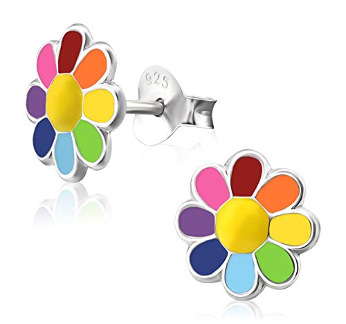 Laimons Mädchen Kids Kinder-Ohrstecker Ohrringe Kinderschmuck Gänseblume Blume Blüte Pflanze Bunt Regenbogenfarben 8mm aus Sterling Silber 925