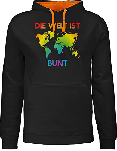 Pullover Herren Frauen Hoodie Kontrast zweifarbig - LGBTQ Kleidung Pride Flag - Die Welt ist bunt – Regenbogen Farben - XXL - Schwarz/Orange - Fun-Sweatshirts LGBT lqbtq Lesbian Gay Queer lgbtqia