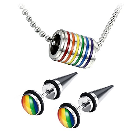 OIDEA Herren Damen Halskette Ohrringe Schmuck Set, Edelstahl Regenbogen Homosexuell LGBT Gay & Lesbian Pride Anhänger mit Kette Ohrstecker Set