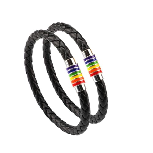 PHOGARY Gay Pride Armband Regenbogen Armband (2 Stück), Paar Schwarz Lederarmband Herren Damen LGBT Armreif mit Regenbogen gestreift Edelstahl Magnetverschluss 22cm