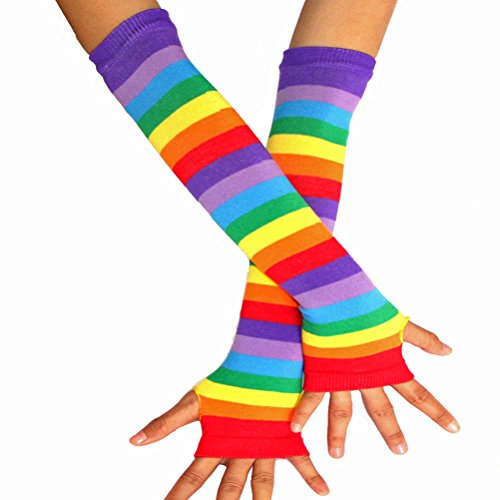 Tinksky Regenbogen-Streifen Arm-Wärmer Bunte Fingerlose Handschuhe Hülse für Frauen Mädchen Karneval Party Stützen