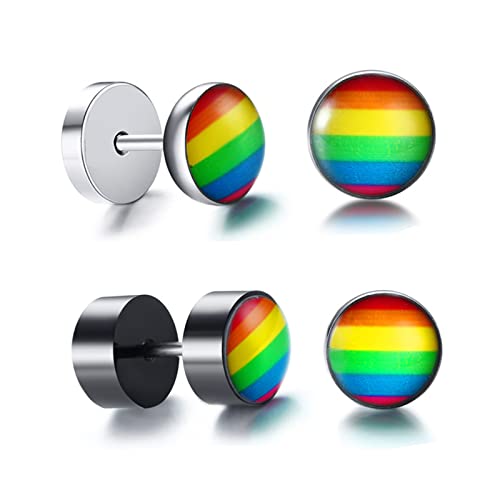 Flongo LGBT Ohrstecker Ohrringe Gestüt Ohrhänger Gummi Kautschuk Silber Spitze Stecker Plug Taper Regenbogen Streifen Gay Pride Schwul Homosexual Homosexuell