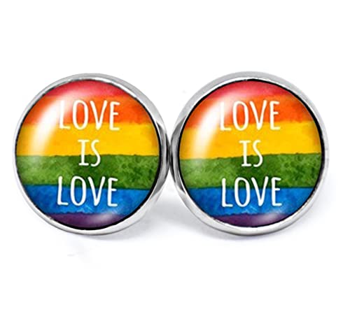 JUANLOWE Love is Love Regenbogen LGBT Pride Ohrringe aus Edelstahl, silberfarben, LGBTQ Ohrstecker Rainbow (Regenbogen Liebe)