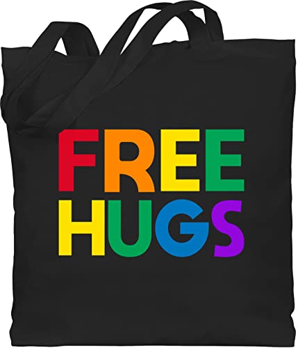 Baumwolltasche - LGBTQ Kleidung Pride Flag - Free Hugs - Lettering Schriftzug - Unisize - Schwarz - lgbt hug stoffbeutel csd beutel lesbian jutebeutel lqbtq tragetasche gay tasche lgbtqia bag queer