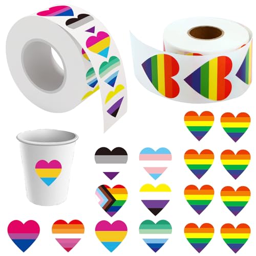 ZALHIN 1000 Stück Gay Pride Aufkleber - Regenbogenstreifen-Herzaufkleber - Hergestellt aus hochwertigen PVC-Materialien und mit exquisitem Design