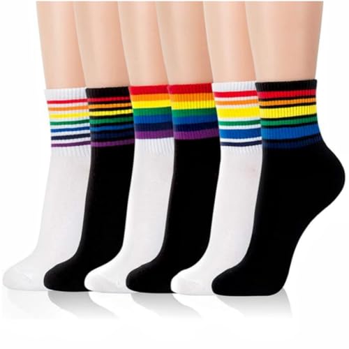 AKAMAS 6 Paar Damen Bunte Gestreifte Regenbogen Muster Socken Weiß Schwarz LGBTQ Stolz Sportsocken Baumwollsocken Lustige Crew Socken Casual Socken Knöchelsocken