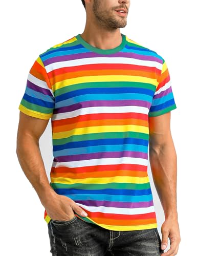 COSAVOROCK Regenbogen Tshirt Herren Kurzarm Karneval LGBTQ Ringelshirt Mehrfarbig XL