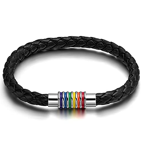 Flongo LGBT Lederarmband Leder Armband Armreifen Manschette Seil Schwarz Regenbogen Streifen Gay Pride Schwul Homosexual Homosexuell Magnet Schließe für Männer Frauen