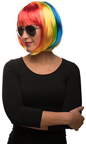 Einhorn Bob Cabaret Charleston Perücke in Regenbogen Farben bunt für Damen & Herren zum Fasching/Karneval