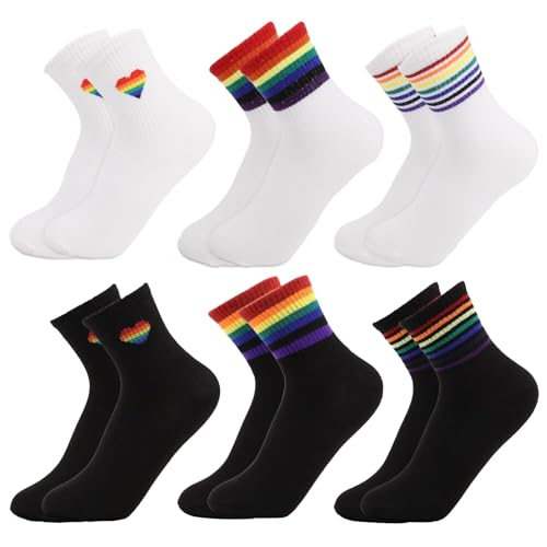 Rainbow Pride Socken Set, Unisex, LGBTQ Gay Pride Socken, Geschenk für Frauen, Mädchen, Männer, Kinder, Neuheit Regenbogen gestreift & Herz Socken Kit, LGBT Rainbow Pride Zubehör für Party, 3 x Weiß,