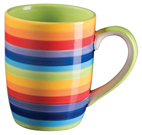 Handbemalte, Keramik, Tasse mit Regenbogen-Motiv, horizontale Streifen