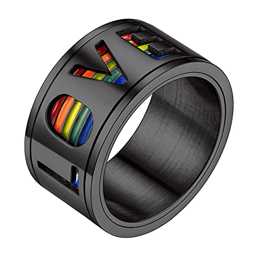 Richsteel schwarz Damenring Herreing in Ringgröße 64 LGBT Regenbogen Ring mit bunten Herzen Spinnerring Bandring Rainbowe Fingerring für Homosexueller und Homosexuelle