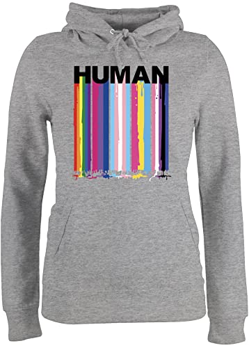 Pullover Damen Hoodie Frauen - LGBTQ Kleidung Pride Flag - Human Blockschrift Regenbogen Farben Tropfen - L - Grau meliert - Pulli Queer Regenbogenfarben Oberteil Gay LGBT hodi lqbtq Hoody Lesbian