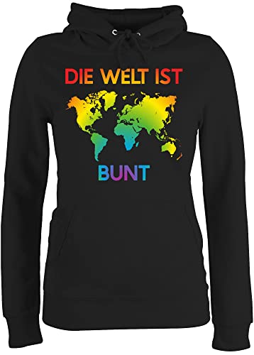 Pullover Damen Hoodie Frauen - LGBTQ Kleidung Pride Flag - Die Welt ist bunt – Regenbogen Farben - XS - Schwarz - LGBT Bunte Kapuzenpullover CSD Pulli Lesbian Pollover lqbtq Hoody Gay Hoodies