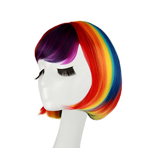 Bob Perücke Karneval Regenbogen ca.30cm für Damen und Frauen, glatte Bunte Kurzhaarperücke für Kurzhaar Halloween Vika oder Mottopartie Weihnachten