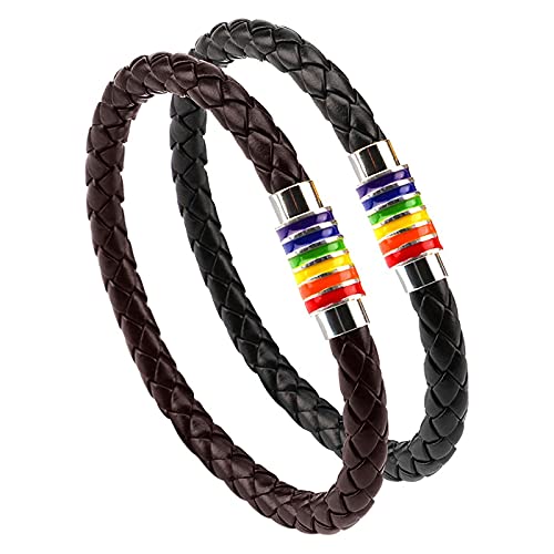 PHOGARY Gay Pride Armband Regenbogenarmband (2stk, schwarz, braun) Lederarmband für Paare, Herren, Damen, LGBT-Armreif mit Regenbogenstreifen aus Edelstahl mit Magnetverschluss, Edelstahl Kunstleder