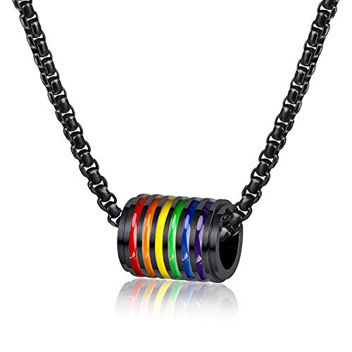 PHOGARY LGBT Kette Gay Pride Schmuck (Kette Upgrade) - Regenbogenperlen Anhänger mit Edelstahl Kette (schwarz), kleine Geschenktüte