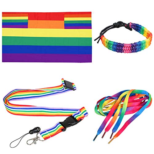 TRIXES 4-teiliges Regenbogen Gay Pride Day Accessories Set für Erwachsene Mehrfarbig Flagge Cape Lanyard Schnürsenkel und Armbänder für Festivals Karneval und LGBTQ Events