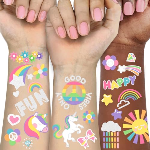 118 PCS Einhorn Temporäre Tattoo, Glitter Stil Stolz Tattoo Regenbogen Krone gefälschte Tattoo für Mädchen Party Zubehör Kinder Geburtstag Zubehör,Wasserdichter Tattoo Aufkleber für 6 7 8 9 Jahre Alt