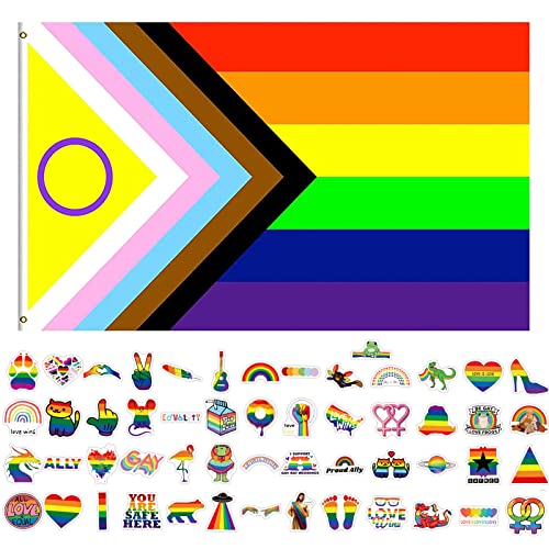 GoldRock Progress Pride Flag Sticker Set, Regenbogen Flagge 150x90 cm+50 Stück Lgbtq Sticker, Pride Flagge, Lesbian Flag, Gay Flag Joint-Pride Flag,Regenbogenfahne mit 2 Messingösen,Regenbogenflagge