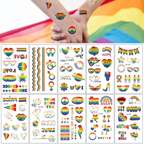 Regenbogen Tattoos Erwachsene Kinder,10 Blätter Progress Pride Tattoos,Lgbtq Sticker,Progress Flag Tattoos zum Aufkleben,Temporäre Lgbt Aufkleber Kindertattoos Hautfreundlich,Lesbian Accessoires Deko