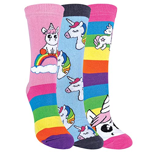 3er Pack Damen Einhorn Socken mit Bunt Regenbogen Streifen | Baumwolle Reich Witzig Socken | SOCK SNOB (Einhorn, 37-40)