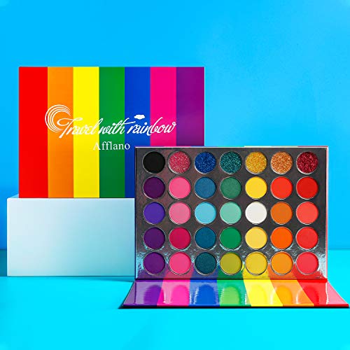 Lidschatten Palette Bunt Glitzer und Matte, Afflano Eyeshadow Palette Pink Rot Orange Gelb Grün Blau Lila 35 Farben Hochpigmentiert,Rainbow Groß Augen Make-up Paletten Shimmer Glitter Schminkpalette