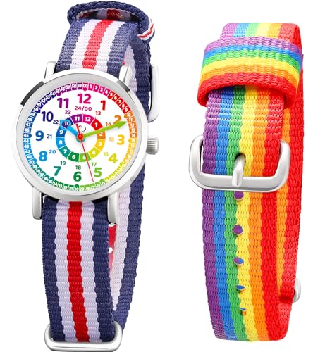 Honey's Heaven Kinder Armbanduhr Jungen und Mädchen - süße Quarzuhr mit modischem Nylon Armband und Lern-Ziffernblatt - Lernuhr analog, zum Uhrzeit Lernen (Regenbogen)